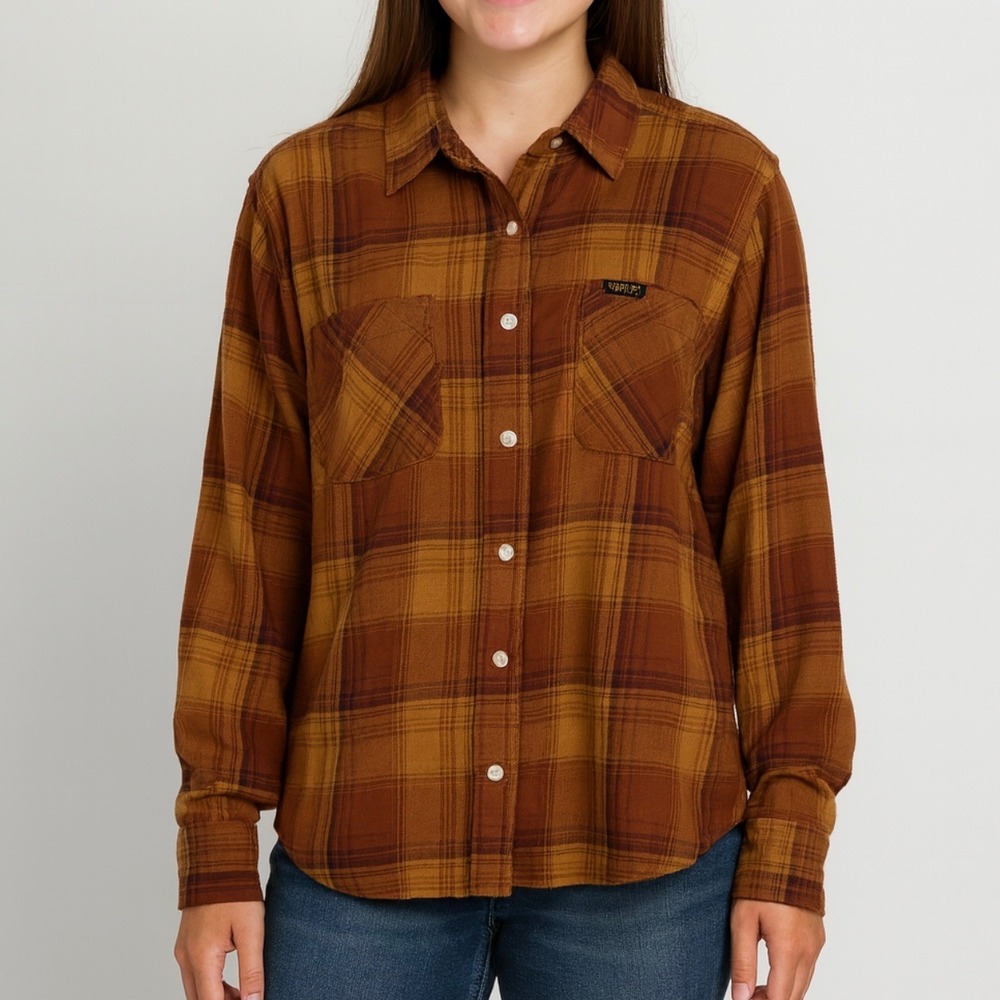 Wrangler Womens Plaid Flannel Shirt Long‎ Sleeve Button Down Rust Tan Size L